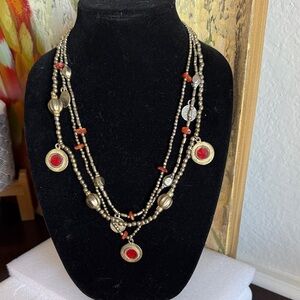 Vintage Multi-Strand Beaded Necklace Red Stone Charms Antique Gold SilverTone